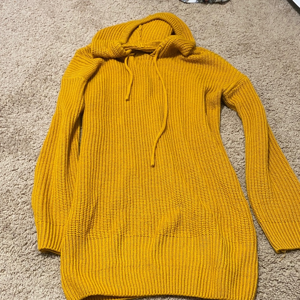 Mustard Knit Hooded Mini Dress